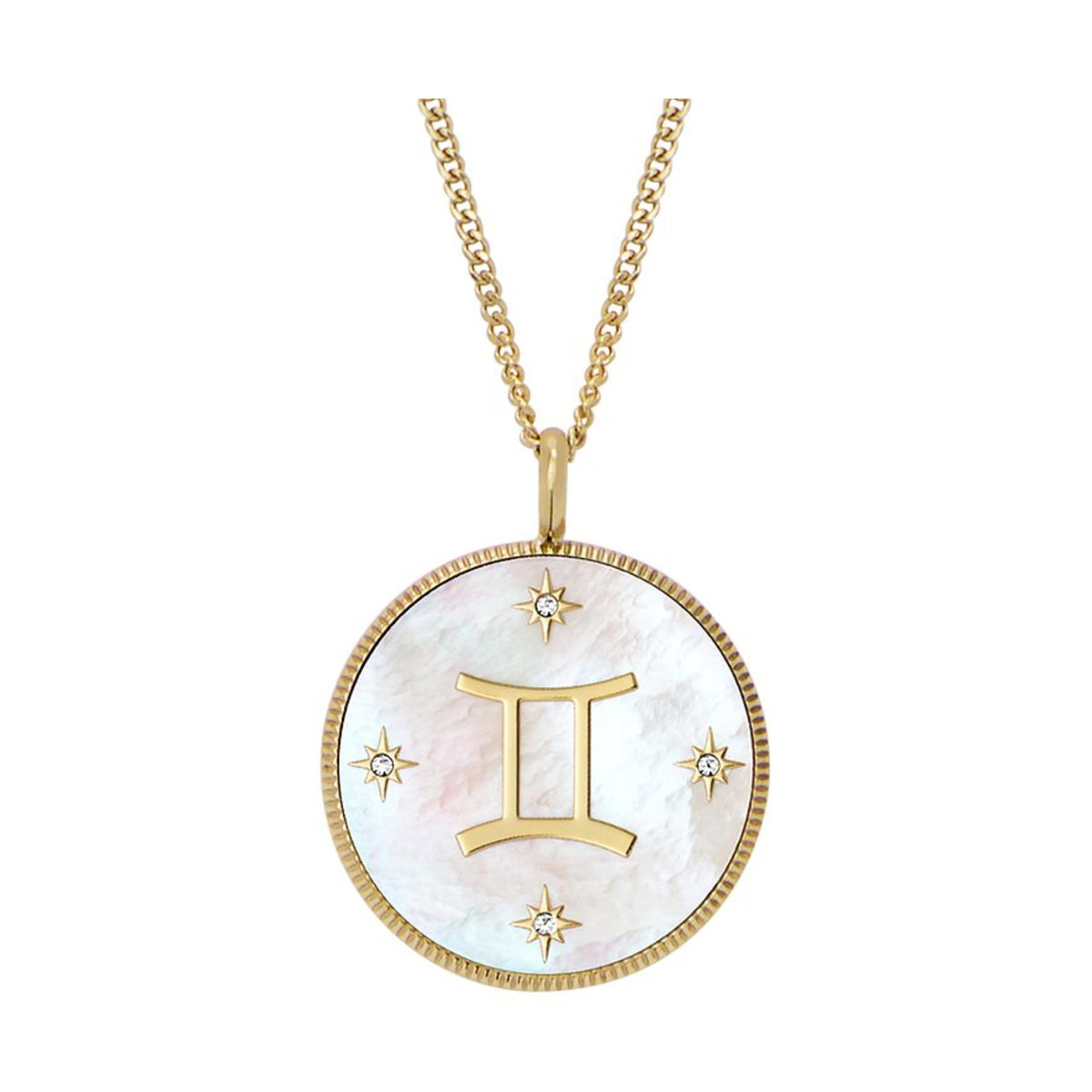Gold-tone round Gemini zodiac pendant necklace with white mother-of-pearl and star details