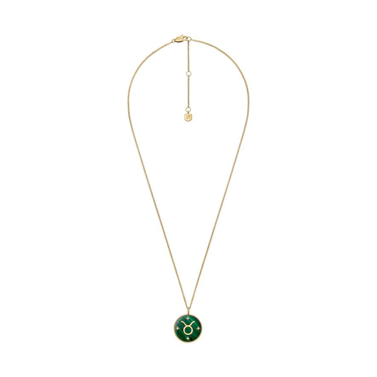 Gold-tone Taurus pendant necklace with green round charm and long oval-link chain