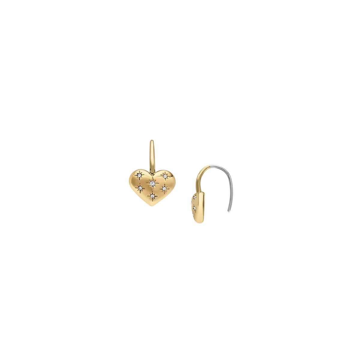 Gold-tone heart drop earrings with star motifs, hinged backs and small dangling hearts