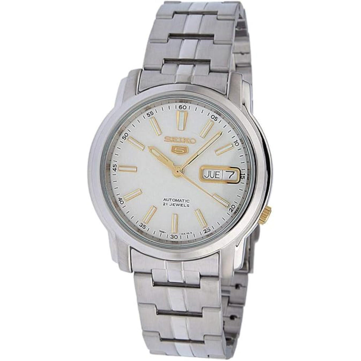 Seiko 5 Automatic SNKL77K1 stainless steel case and gold crown profile view