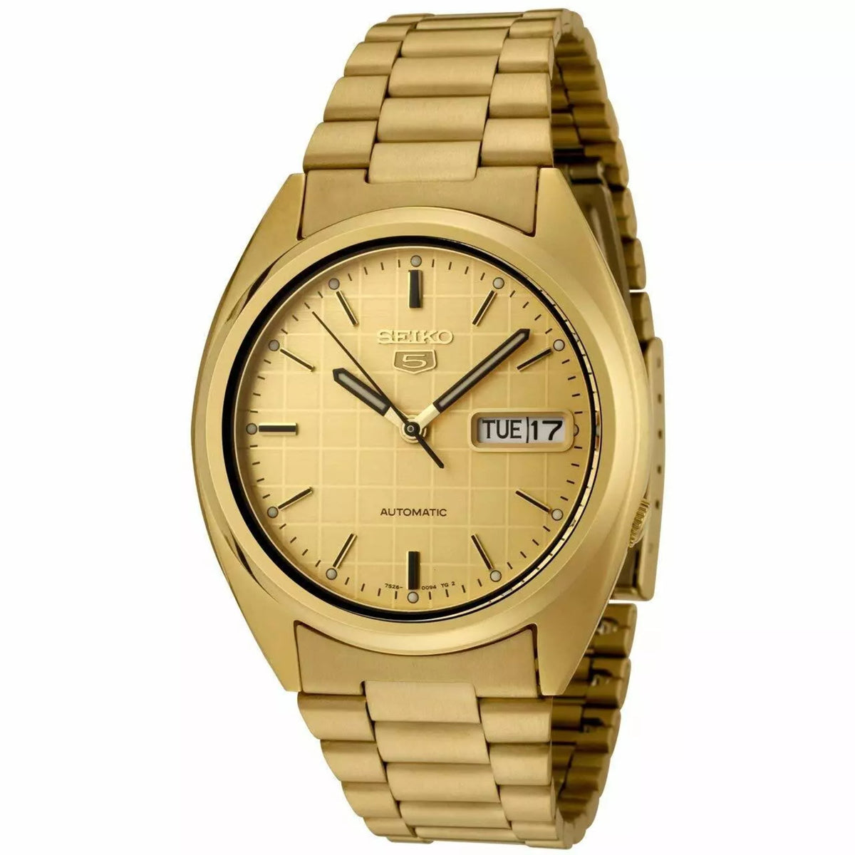 Seiko 5 SNXL72K1 automatic watch, gold-tone metal bracelet, gold dial with day-date window showing Tue 17