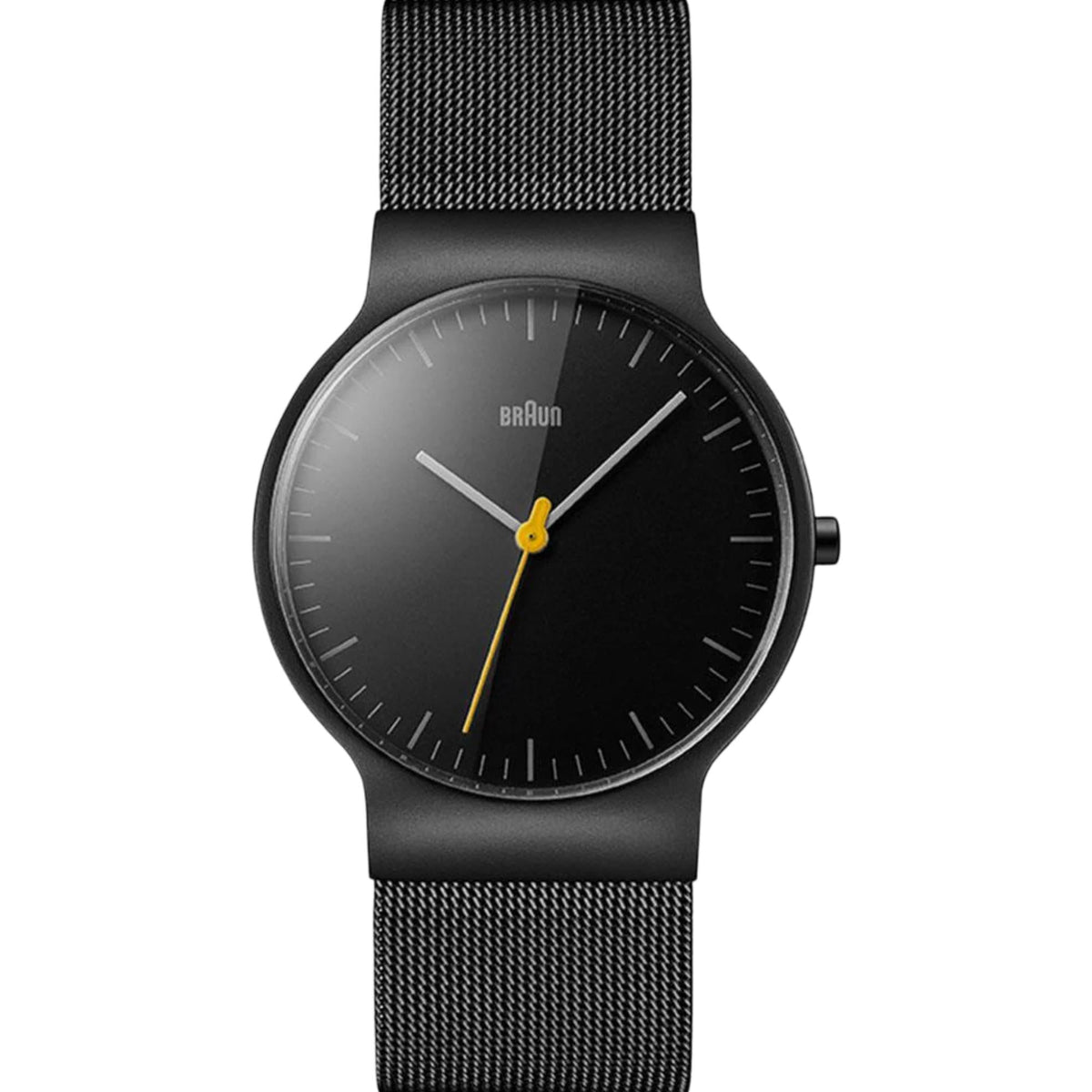 Front view of black dial men's watch with yellow hands and black mesh strap