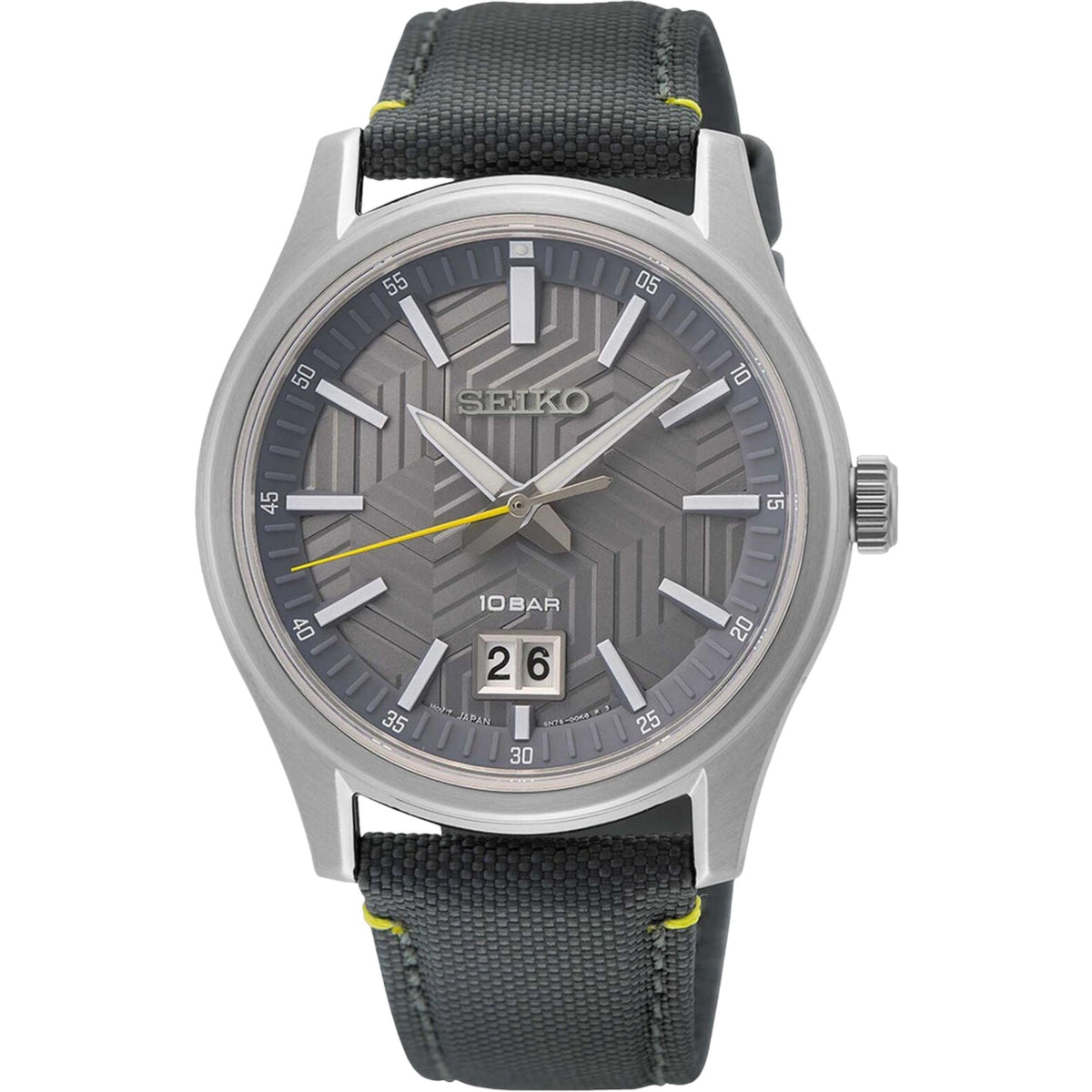 Men's grey dial quartz watch with date window, silver case, black nylon band with neon accents