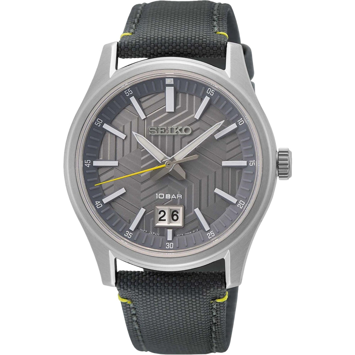 Men's grey dial quartz wristwatch featuring silver hands, hour markers, and black nylon strap