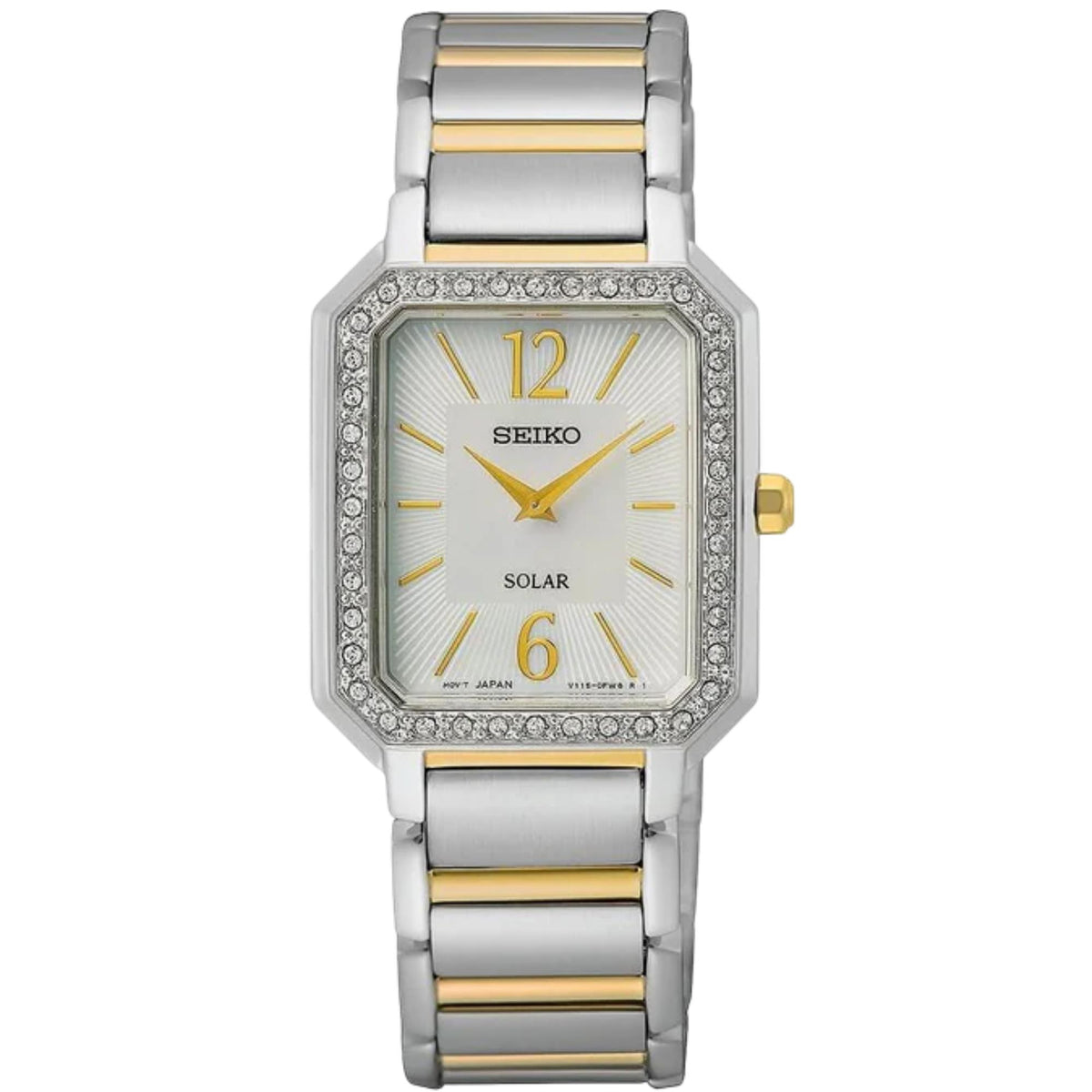 Square steel solar watch with mother-of-pearl dial, gold markers, and jeweled bezel