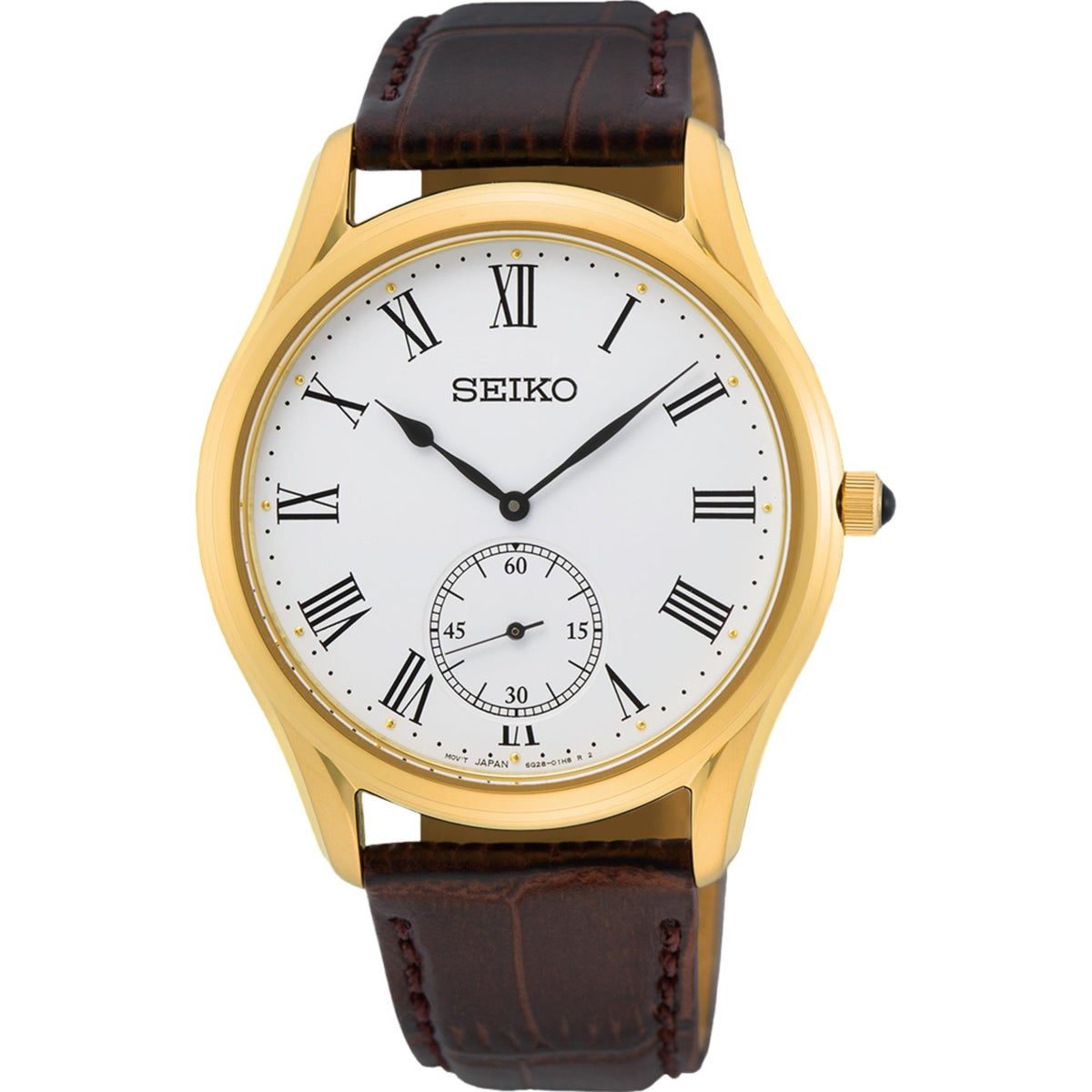 Men's quartz watch: gold-tone case, white Roman dial, small-seconds, brown leather strap
