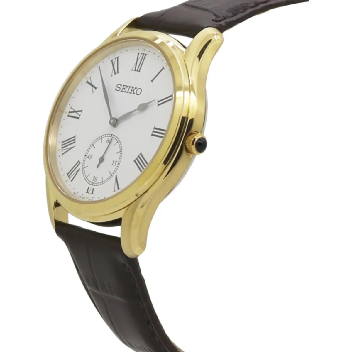 Men's quartz watch angled view: gold-tone case, white dial, brown leather strap