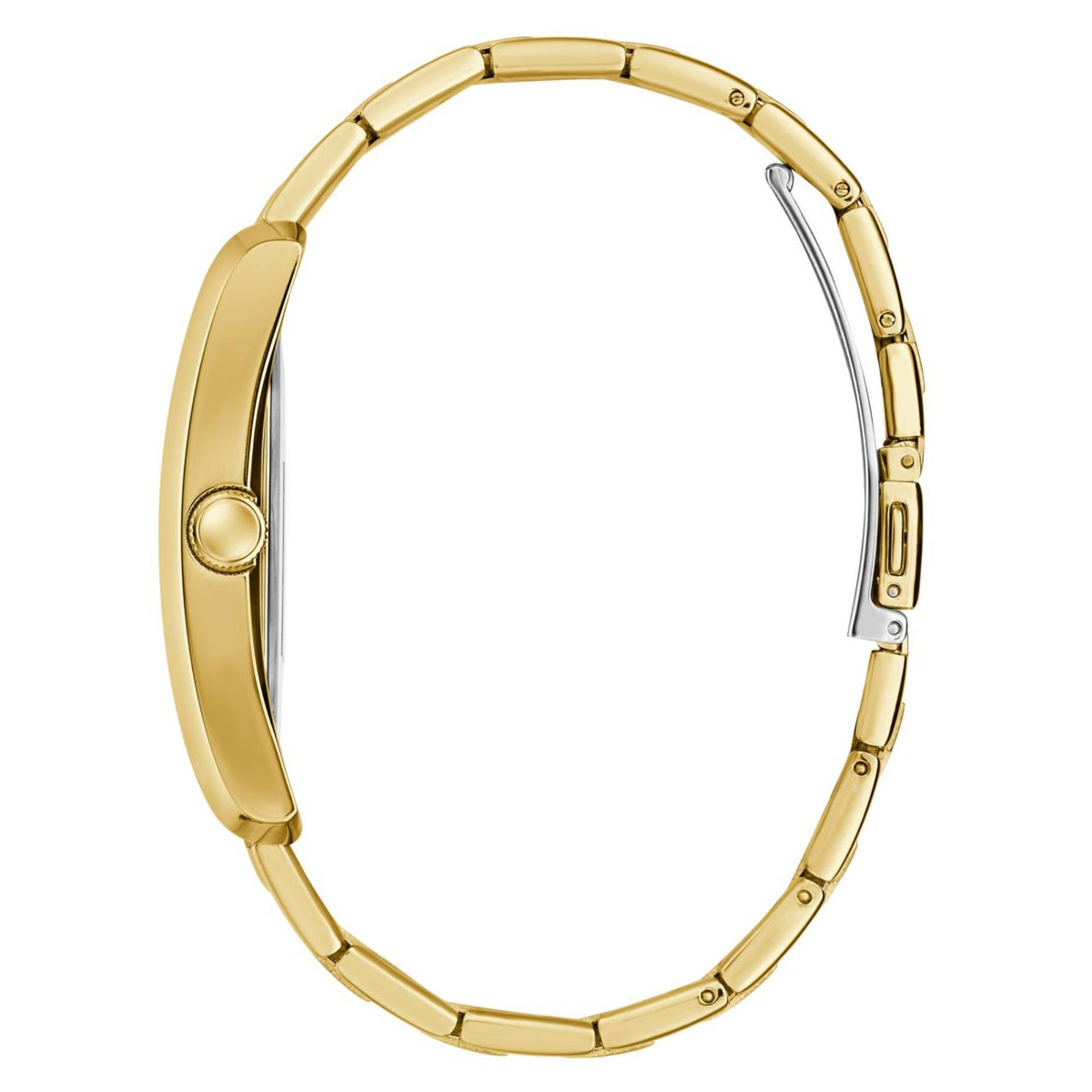 Gold-tone stainless steel watch case and band, side view with visible crown detail.