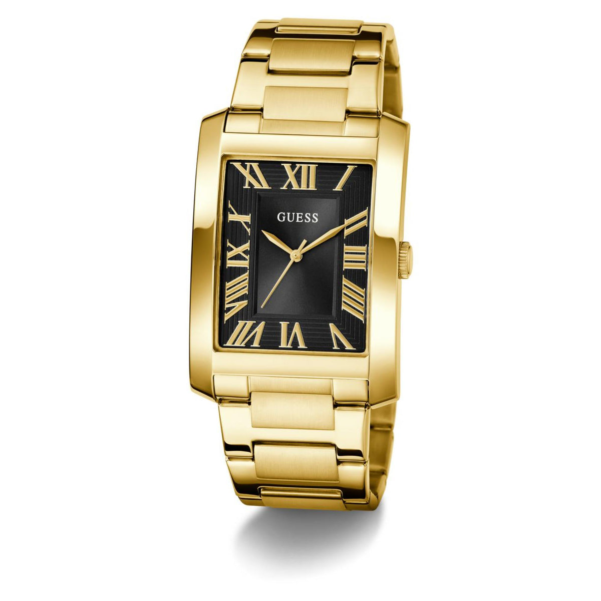 Gold-tone stainless steel men’s watch with black dial and Roman numeral markers, angled.