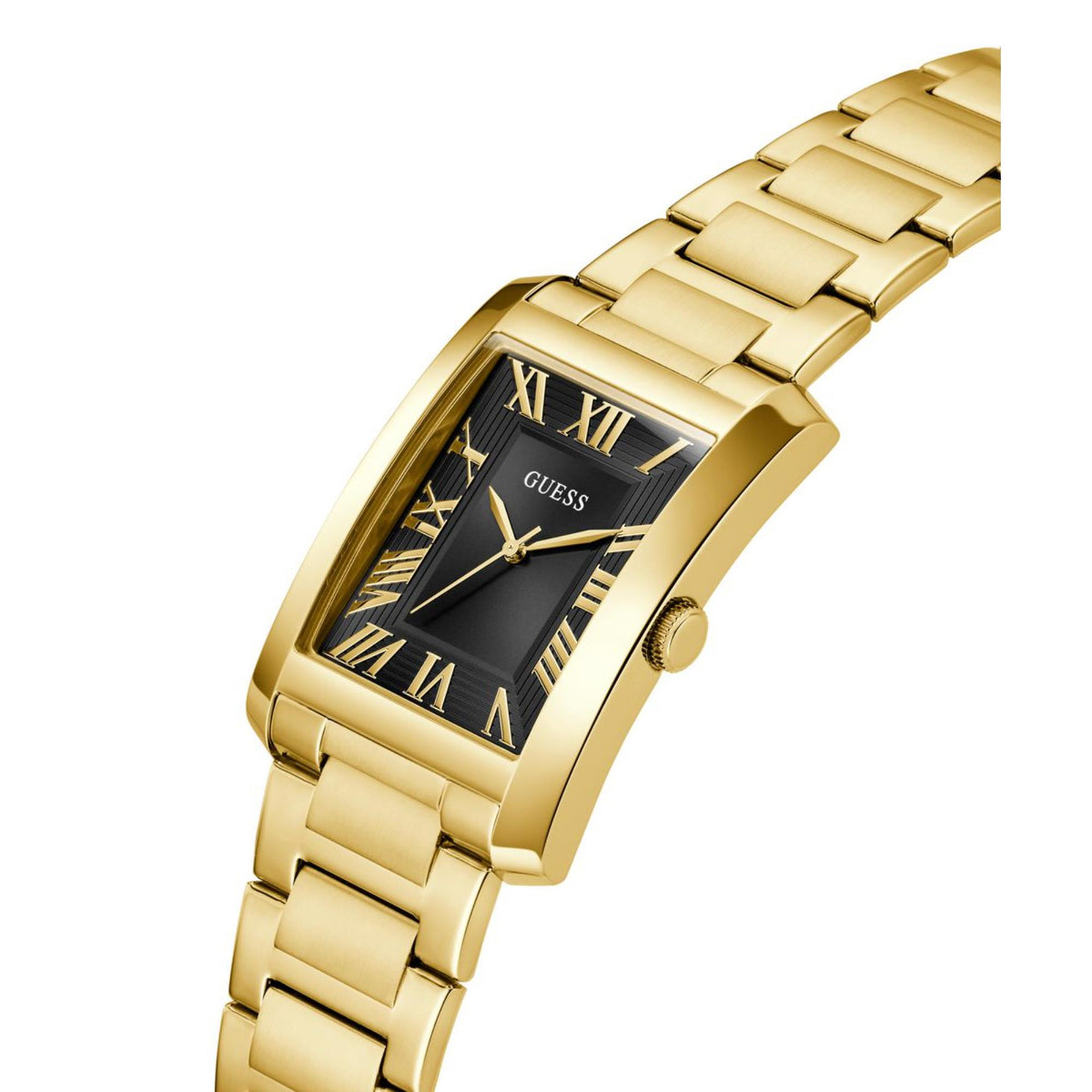 Gold-tone stainless steel watch with black dial, Roman numerals, and side crown detail.