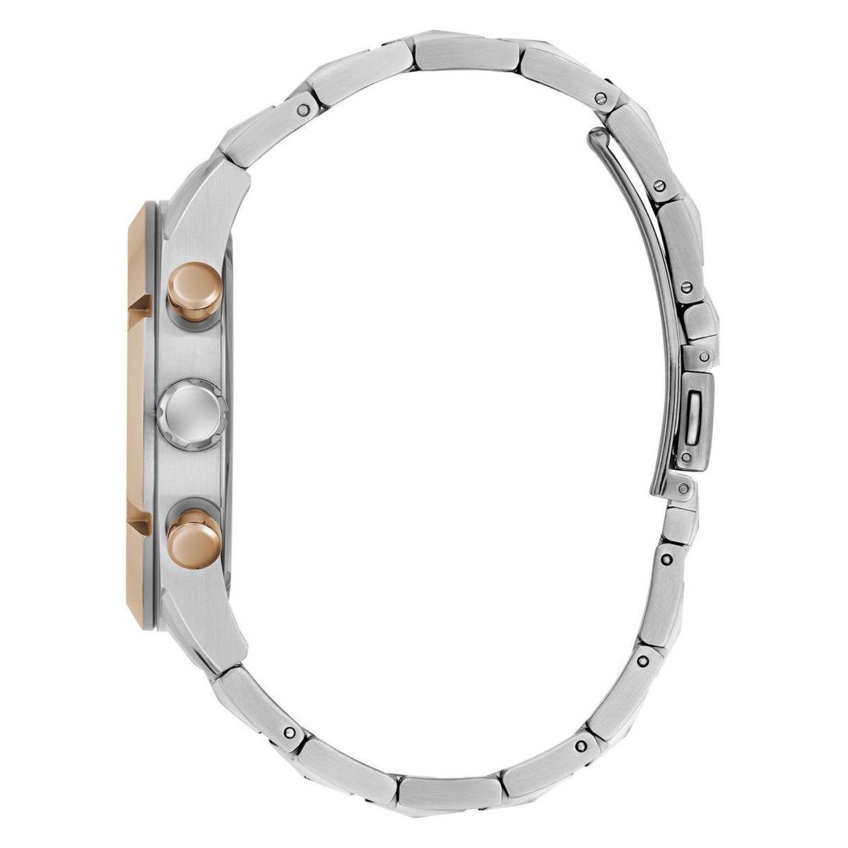 Stainless steel men's watch case and metal bracelet links, with crown and rose-gold accents.