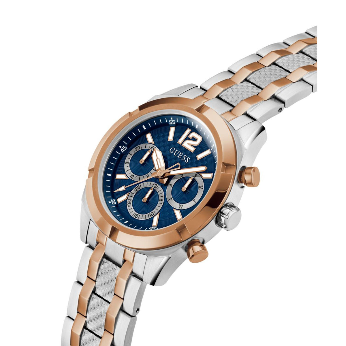 Men's stainless steel watch with blue chronograph-style dial, rose-gold bezel and two-tone bracelet.