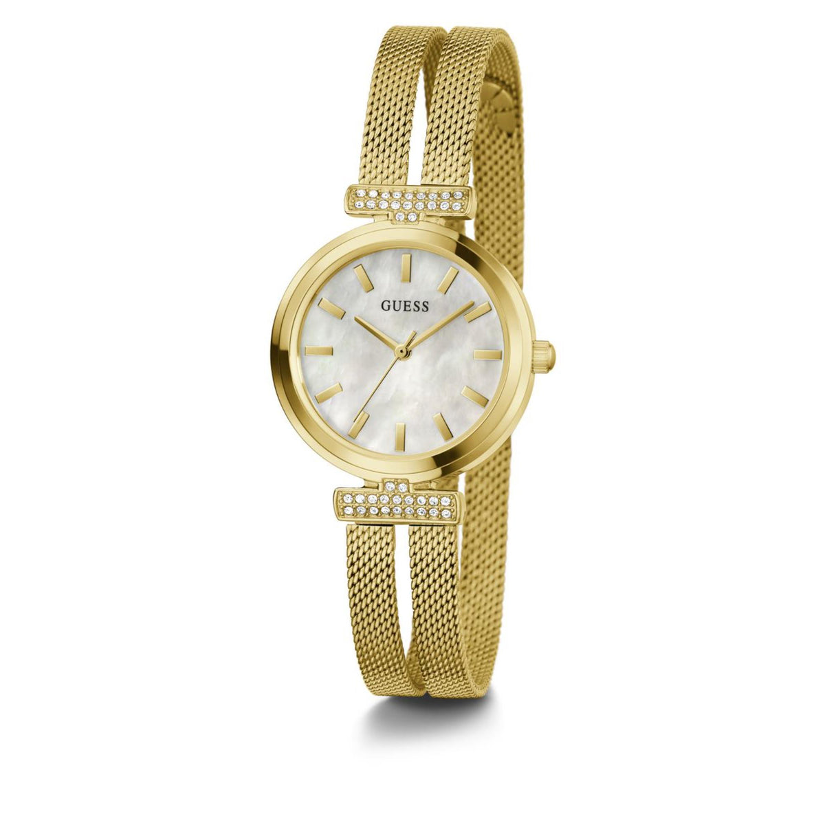 Women's Guess wrist watch with gold-tone mesh strap, round mother-of-pearl dial