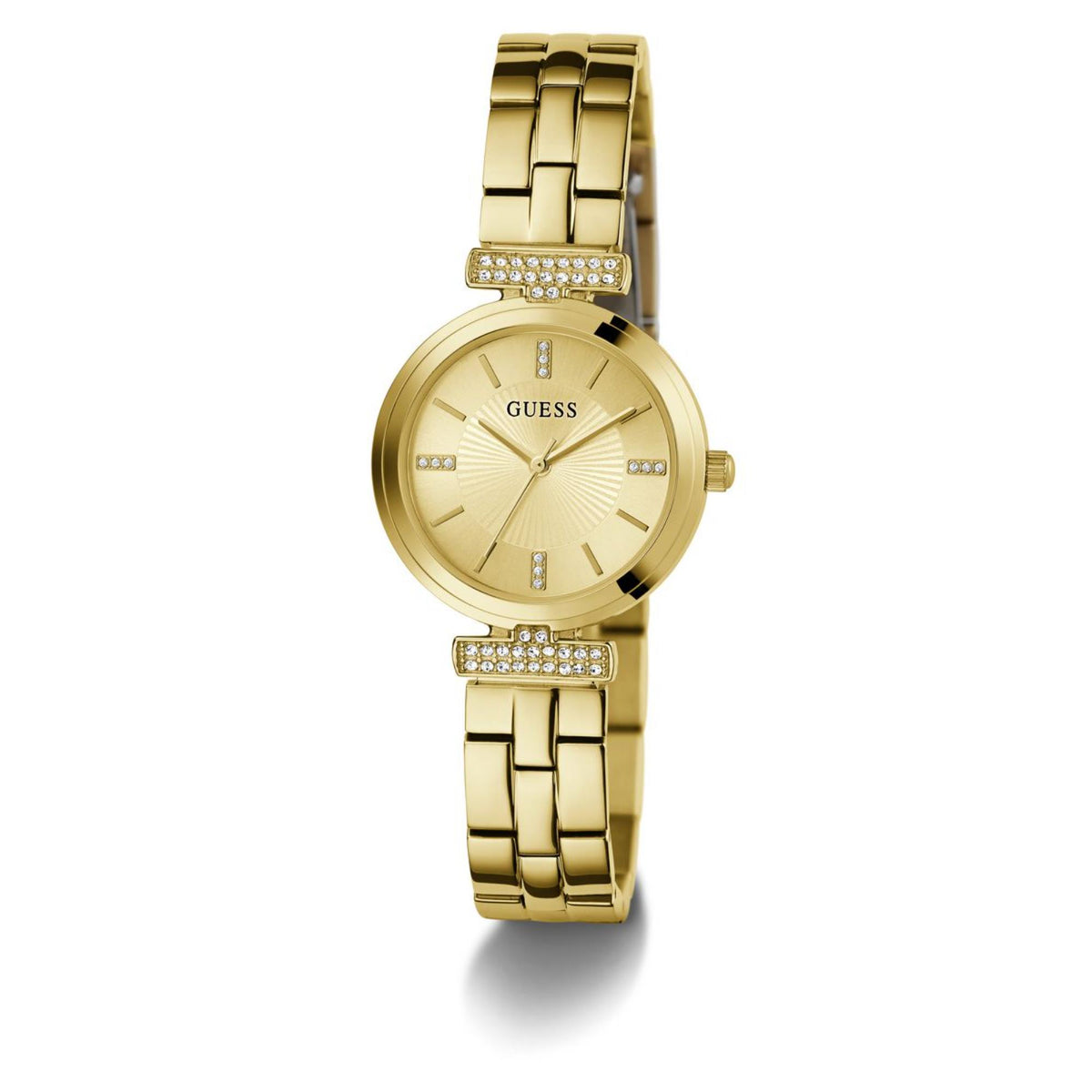 Women's gold-tone watch with champagne dial, GUESS logo, gem markers, and link bracelet