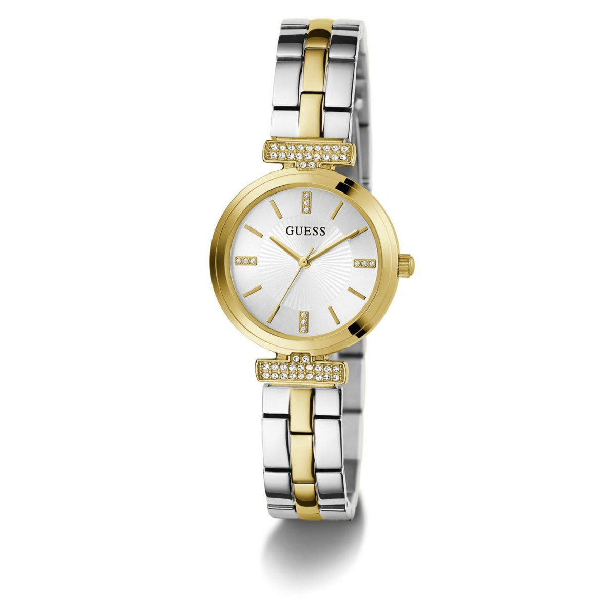 Two-tone stainless steel women's watch with gold bezel, silver dial, and diamond accents