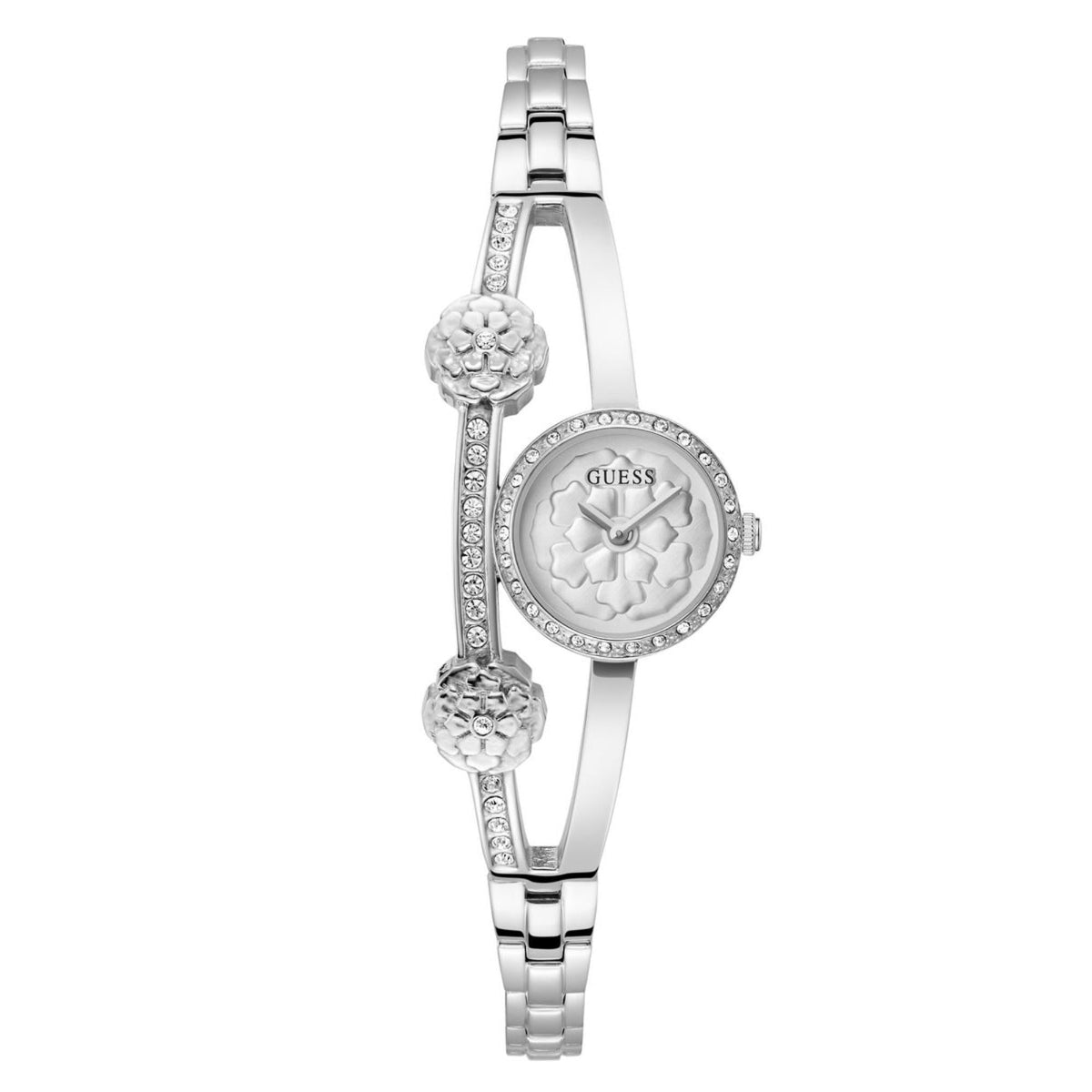 Women’s silver stainless steel watch with round bezel stones, floral charms, and link bracelet