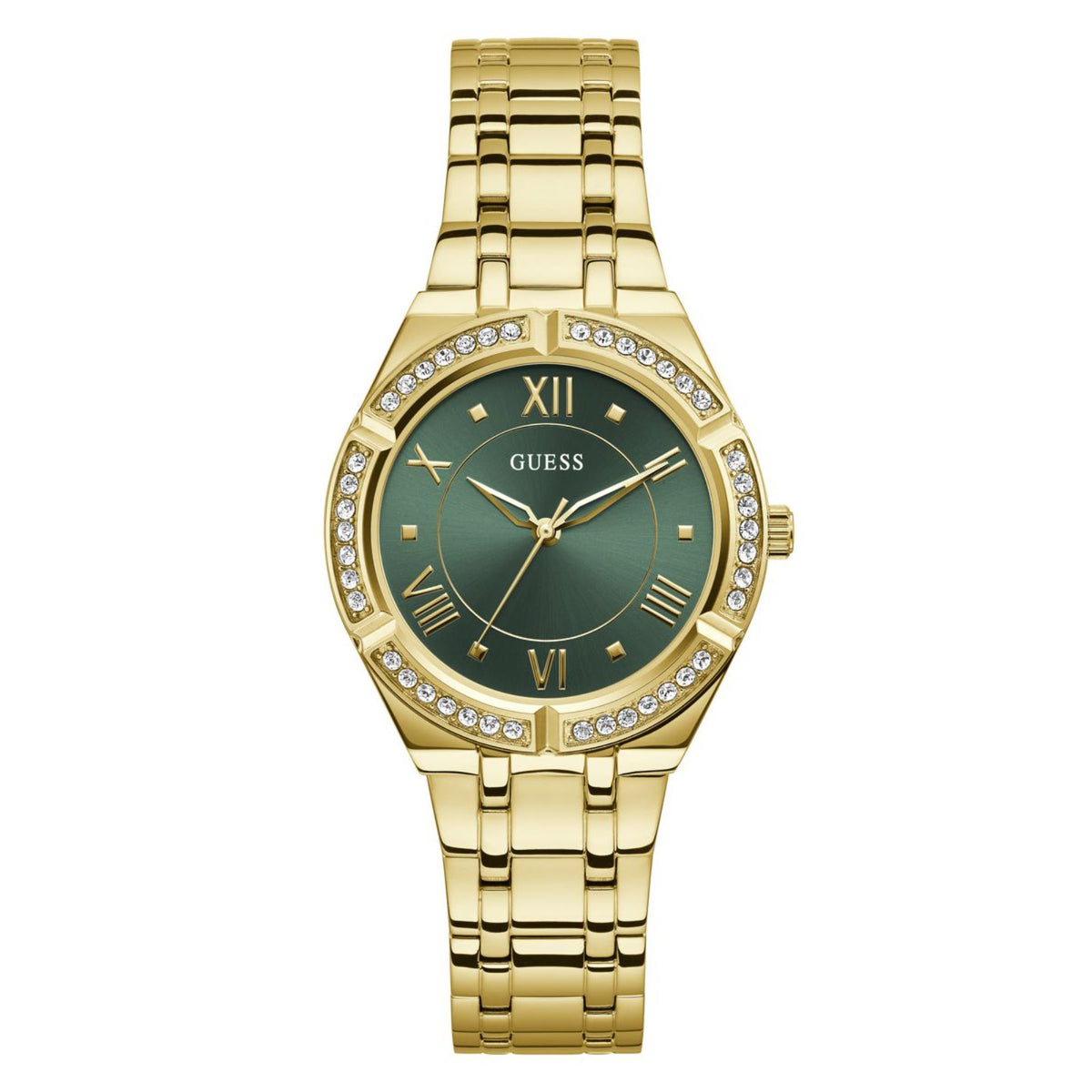 Gold-tone women’s wrist watch with green dial, crystal bezel, and link bracelet
