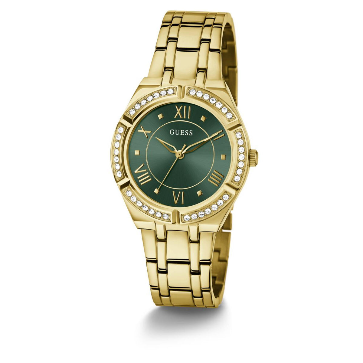 Gold-tone women’s wrist watch with green dial, crystal-studded bezel, and link bracelet