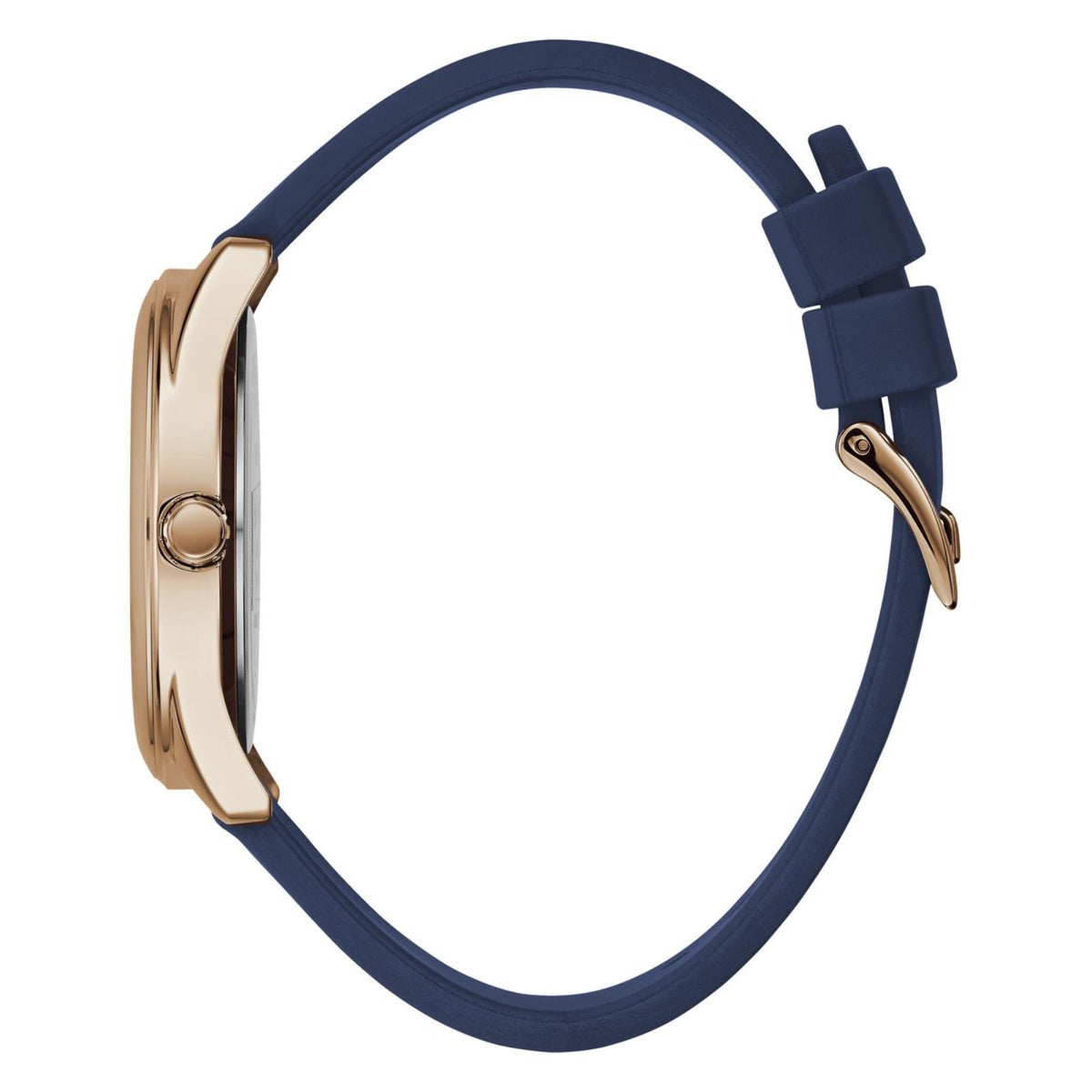 Side view of navy silicone strap watch with rose-gold case and clasp