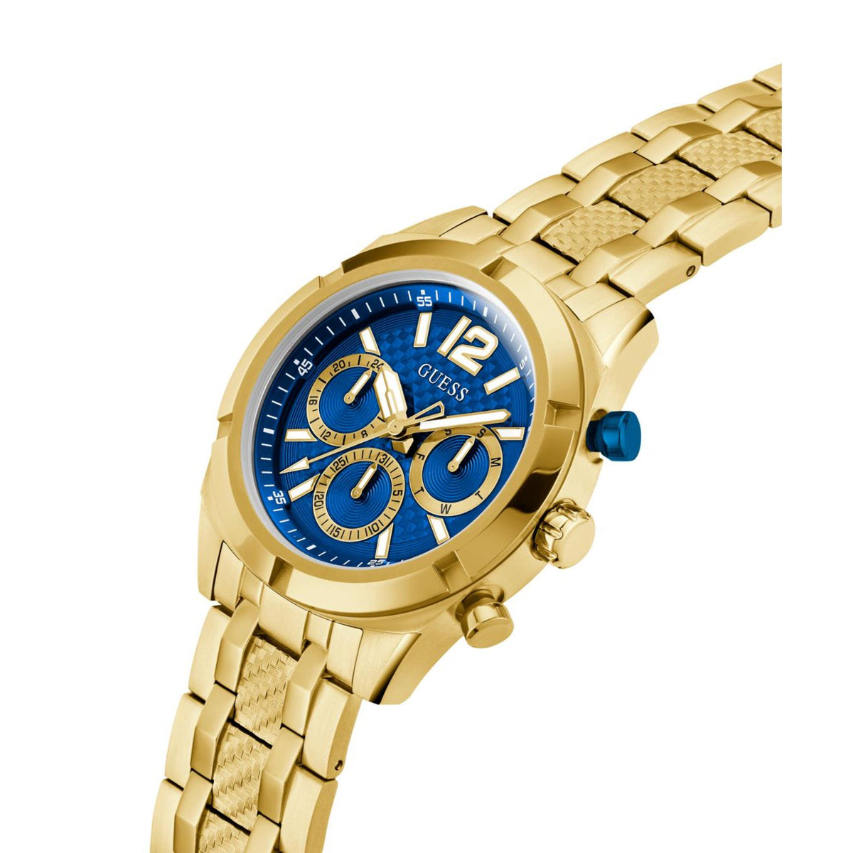 Gold-tone watch with blue dial, round bezel, and subdials with metal link bracelet.