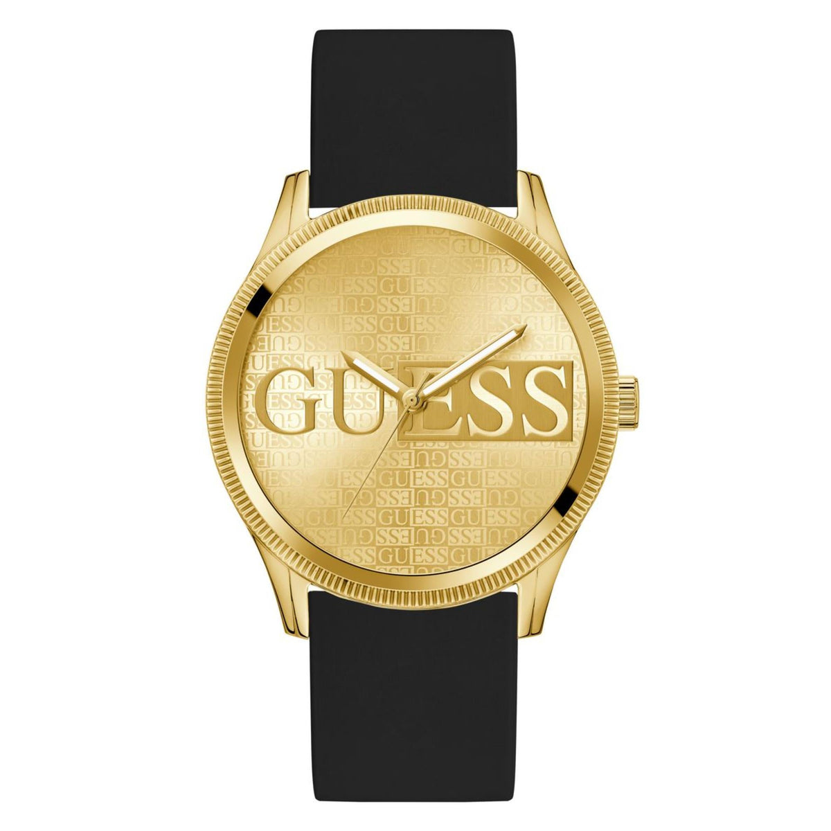 Men's black silicone strap watch with gold bezel and champagne textured dial