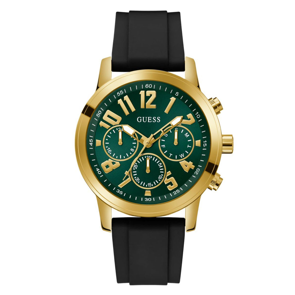 Round gold-tone men's watch with green dial and black silicone strap, front view