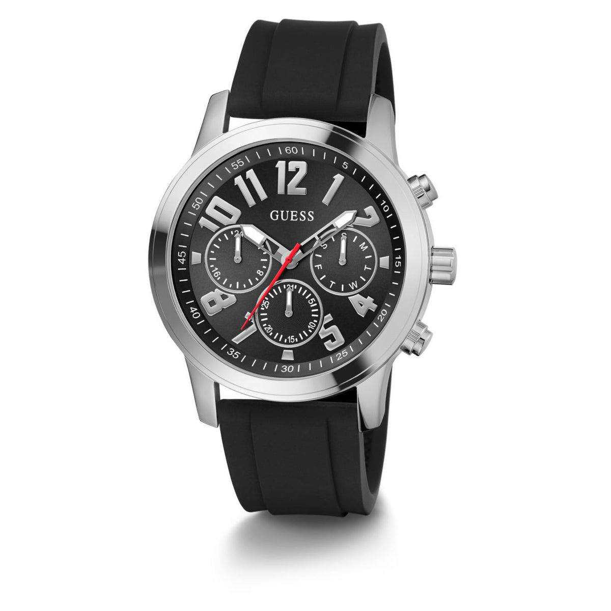 Men's black dial watch with black silicone strap and silver-tone case, multi-dial chronograph
