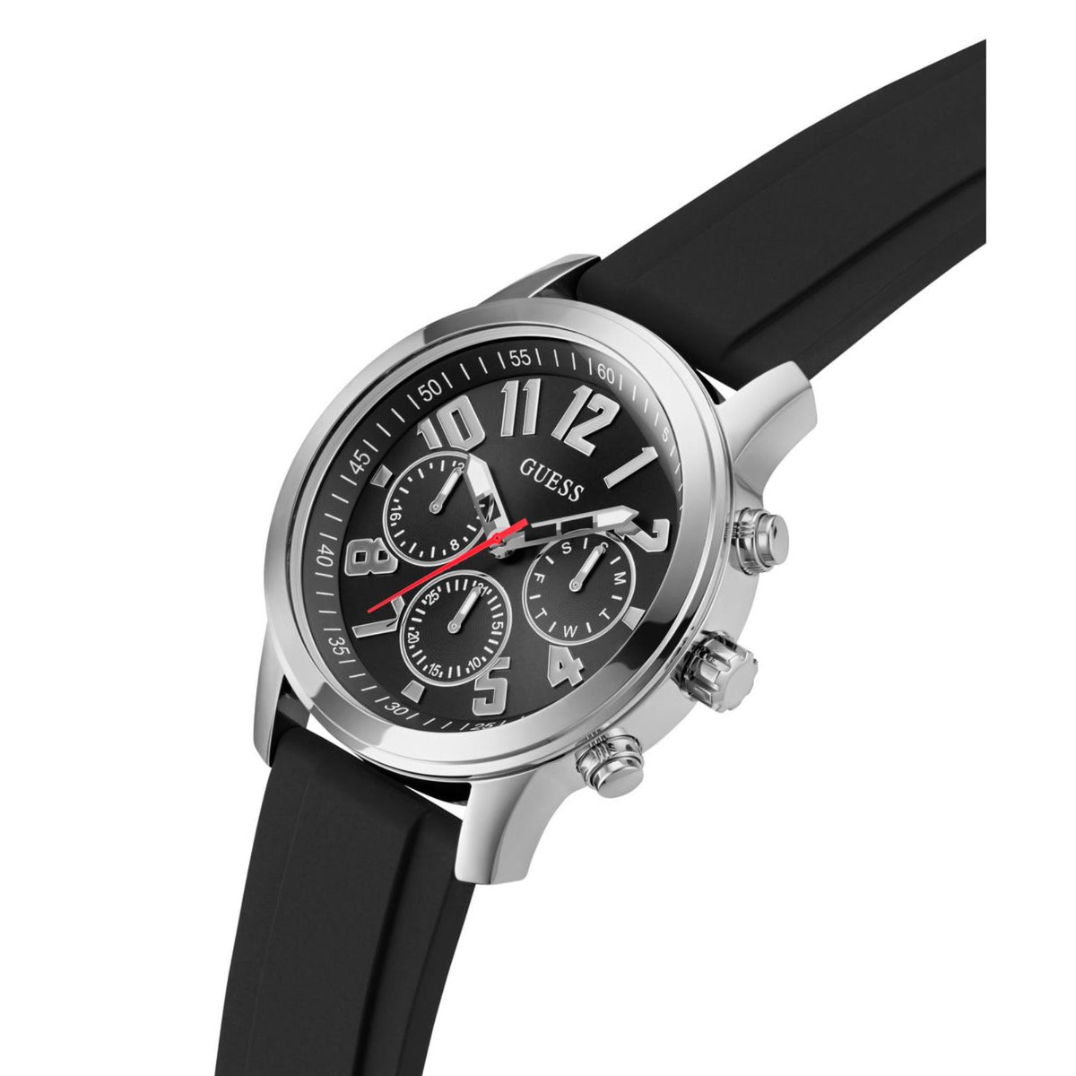 Men's black dial watch with black silicone strap and silver-tone case, angled front view