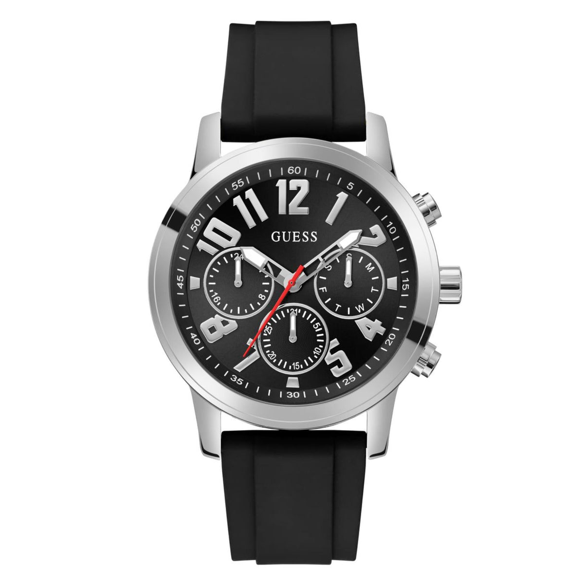 Men's black dial chronograph watch, black silicone strap, silver-tone case, side view