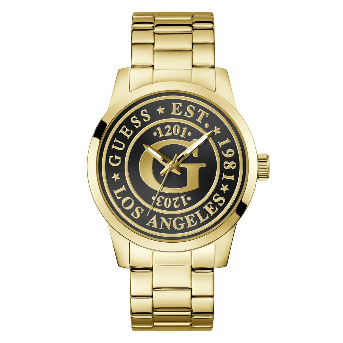 Men's gold-tone stainless steel watch, front view with black dial