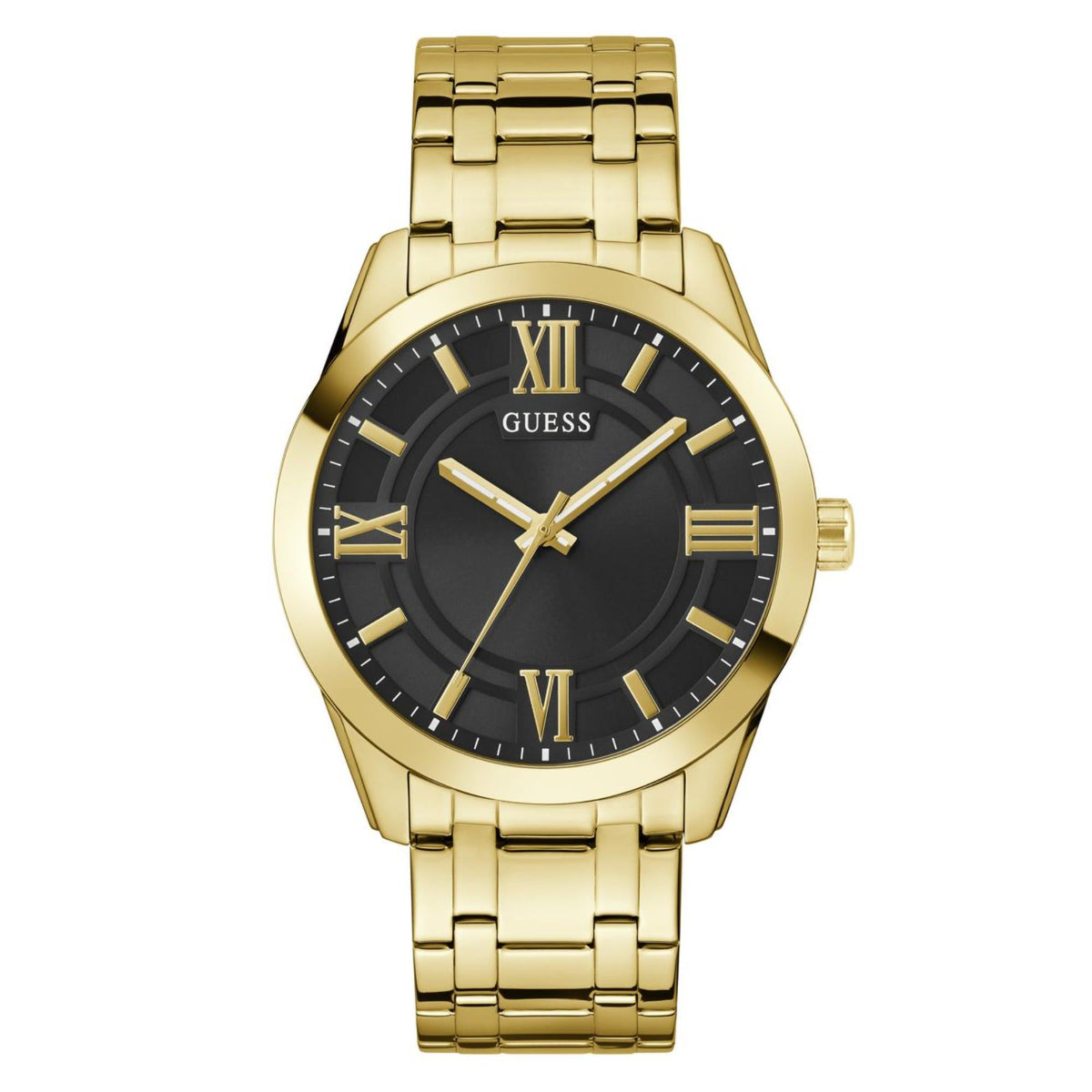 Gold-tone men's wristwatch front view with black dial, Roman numerals, and gold hands