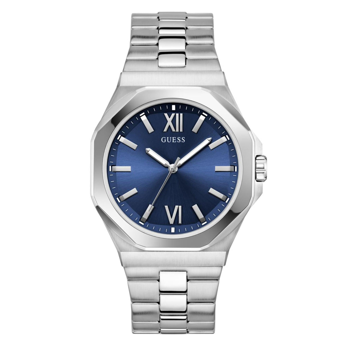 Blue dial stainless steel men’s wristwatch with Roman numerals and three hands