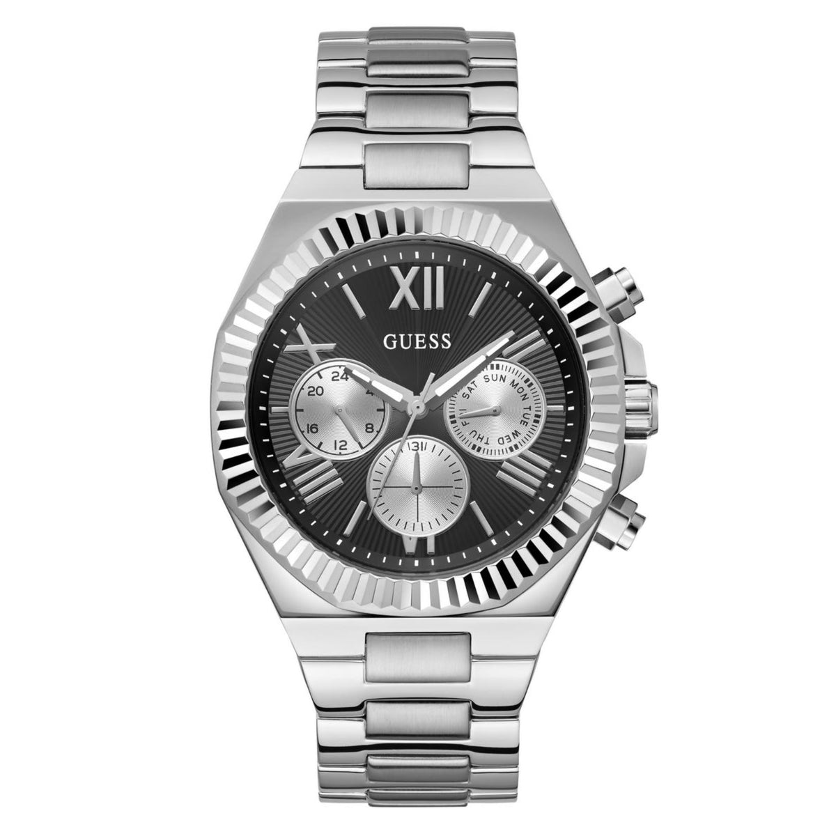 Men's multifunction wristwatch with black dial and silver stainless steel bracelet