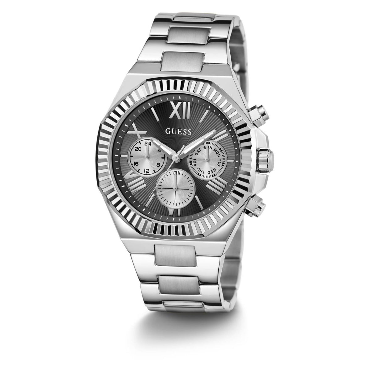 Men's stainless steel watch with black dial, multifunction subdials and metal bracelet.