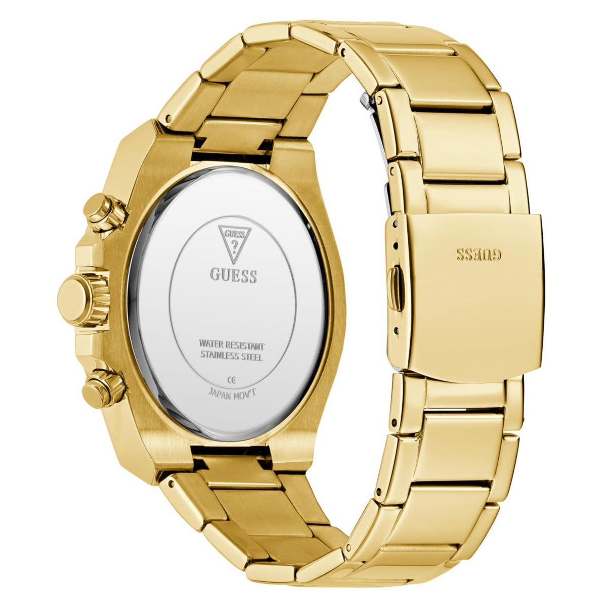 Gold-tone wristwatch caseback with Guess logo and stainless steel shell text