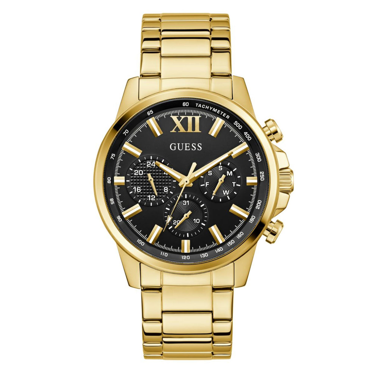 Gold-tone men's wristwatch with black dial, Roman numerals, chronograph details