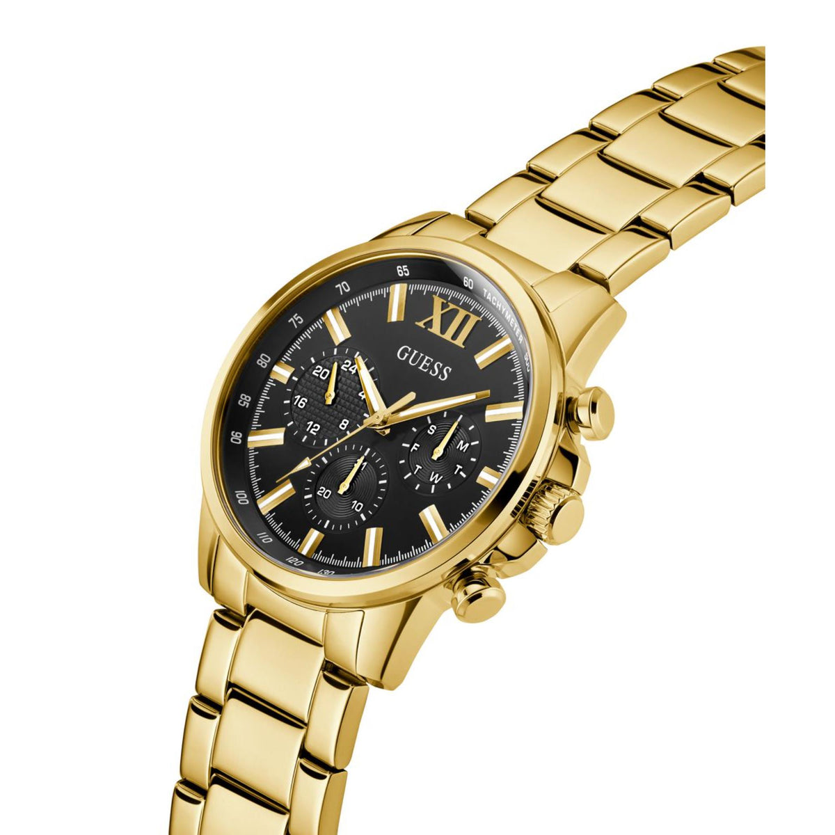 Gold-tone men's wristwatch angled view with black dial and gold-tone bezel