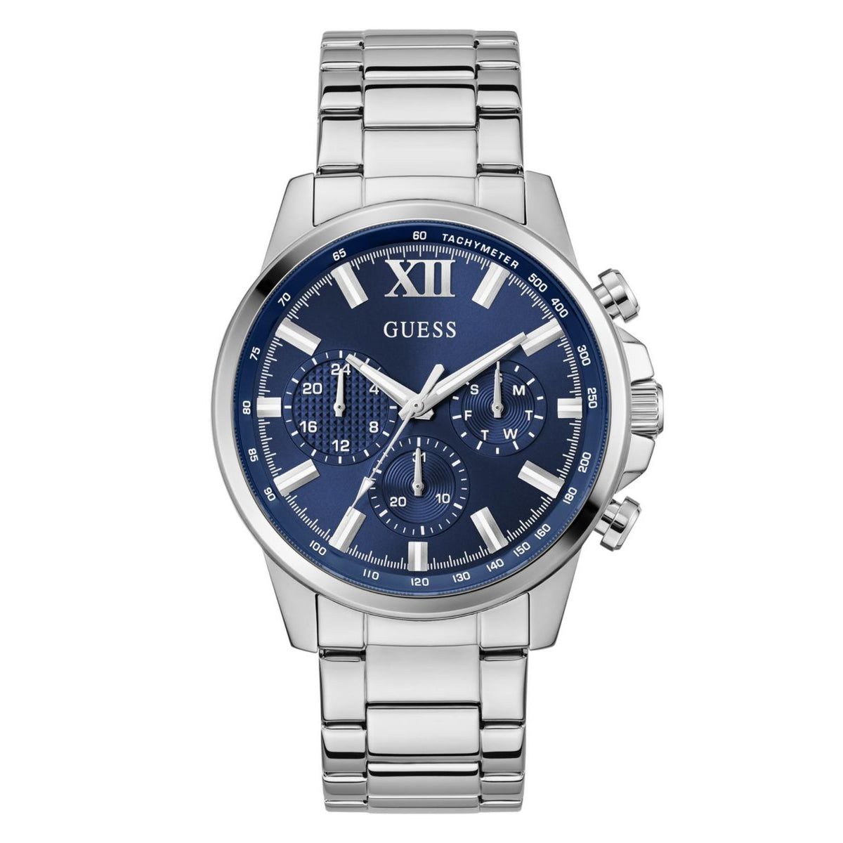 Men's stainless steel watch with blue dial, Roman numerals, and chronograph hands