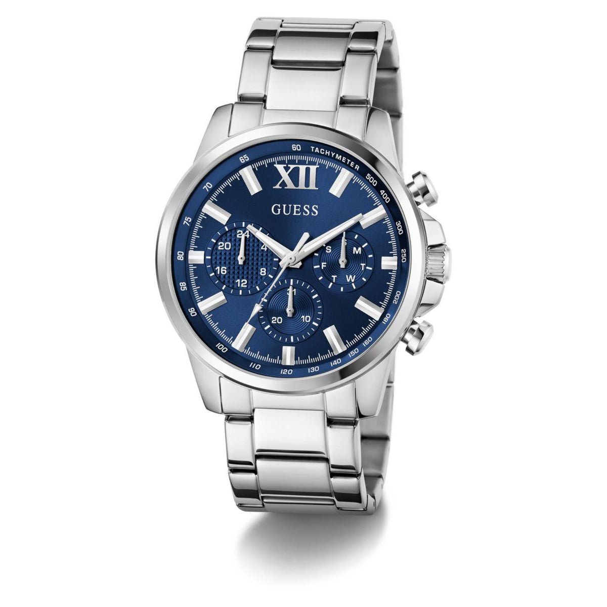 Men's stainless steel watch with blue dial, Roman numeral XII, and chronograph subdials