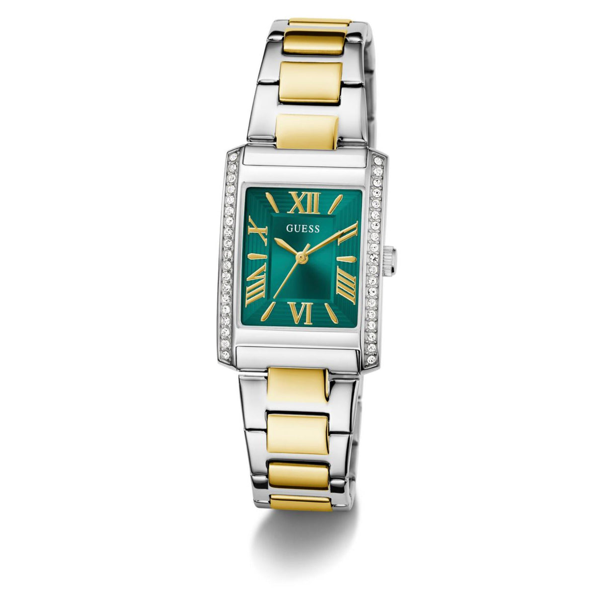 Rectangular green dial watch with gold-tone details, Roman numerals, stainless steel bracelet
