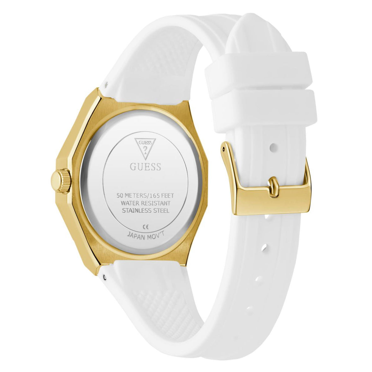 Women’s watch back view with white silicone strap and gold-tone case, water-resistance label
