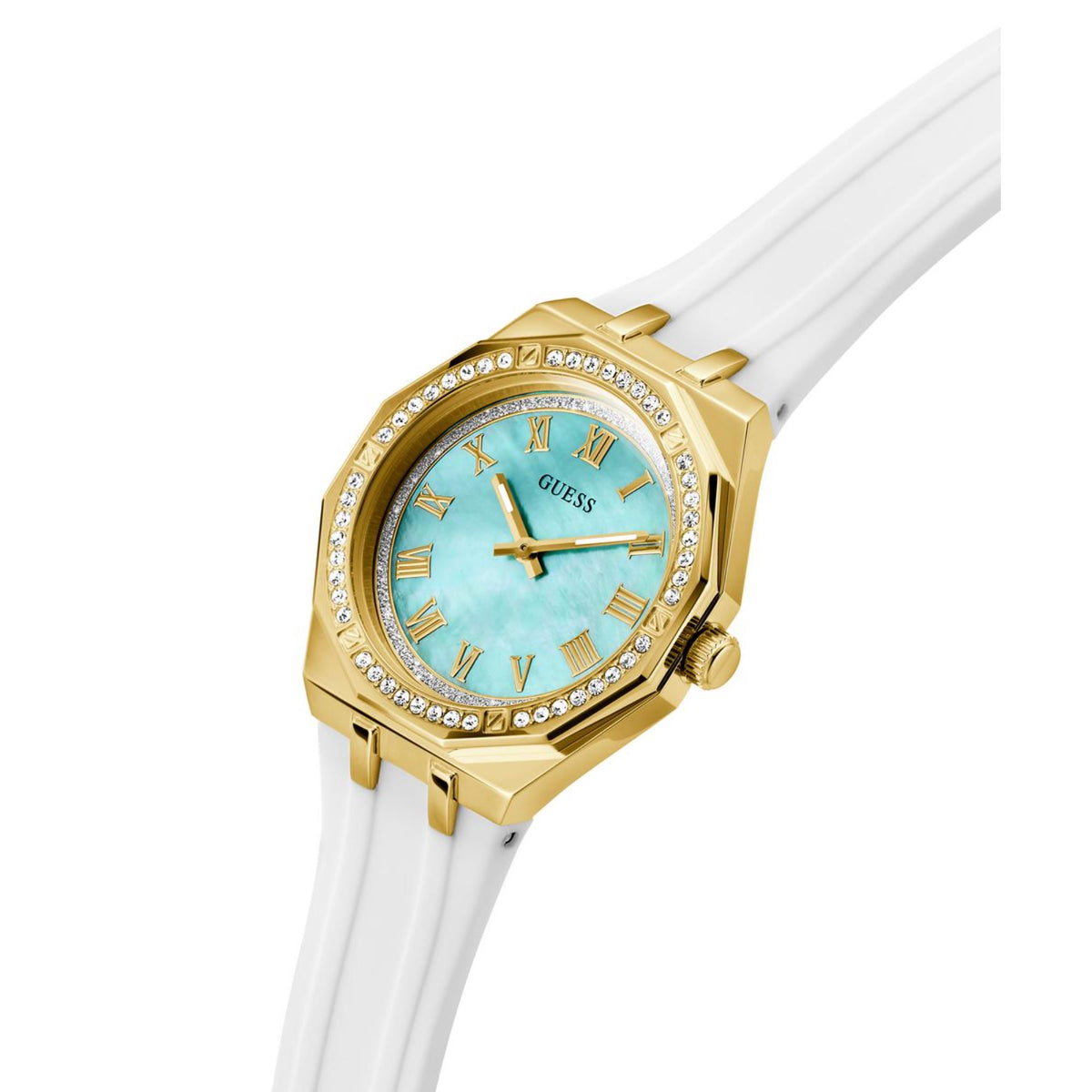 Women’s watch close angle with gold-tone gem bezel, turquoise Guess dial, Roman numerals and white strap