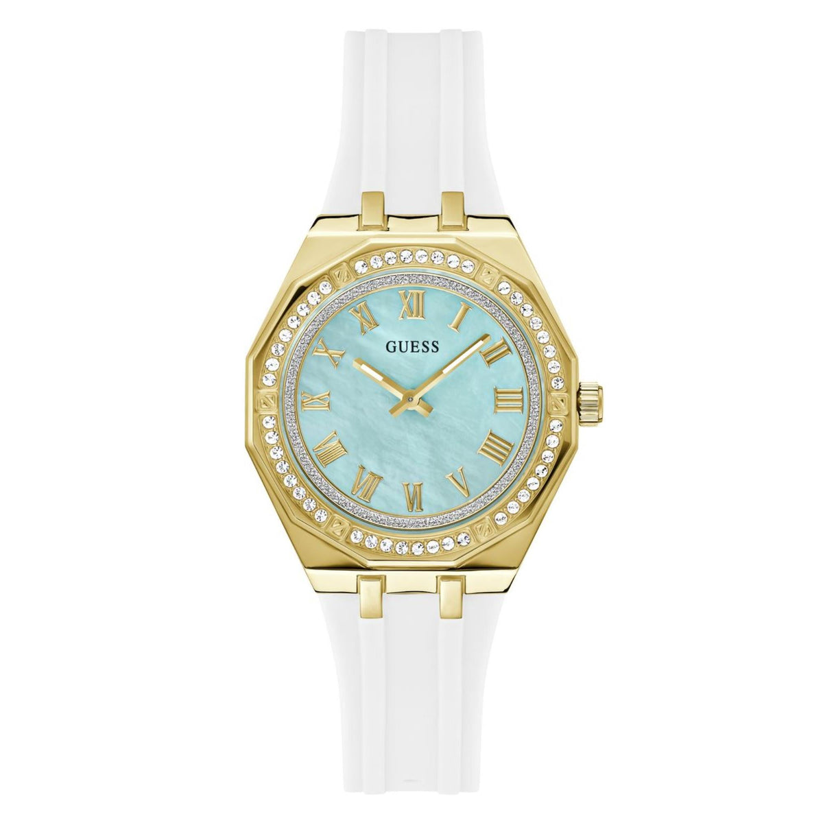Women’s watch front view with white silicone strap, gold-tone case, turquoise Guess dial and Roman numerals