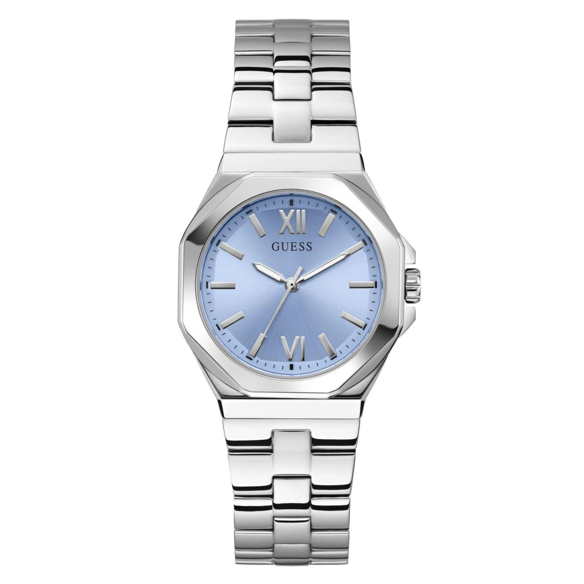 Women's stainless steel watch with light blue dial, Roman numerals, linked bracelet