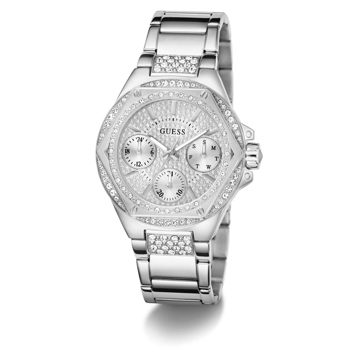Silver stainless steel women's watch front view with sparkling accents and subdial detail.
