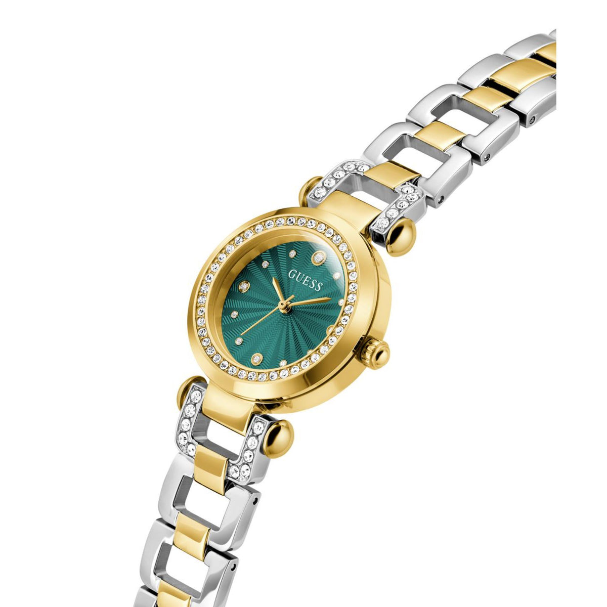 Women's watch side angle: teal-green dial, gold bezel with crystal border, two-tone bracelet