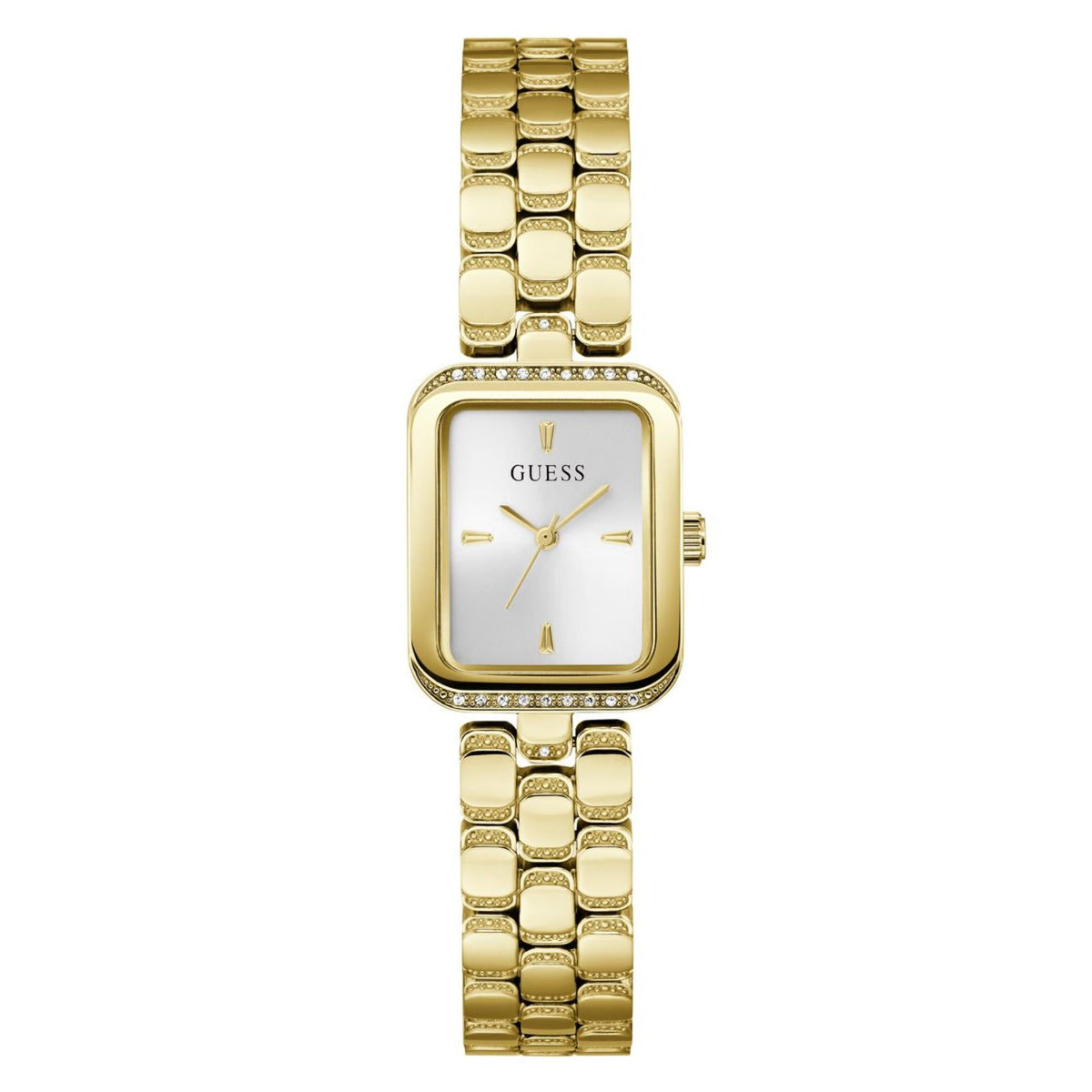 Front view of Guess women's square watch with gold-tone bracelet and white dial