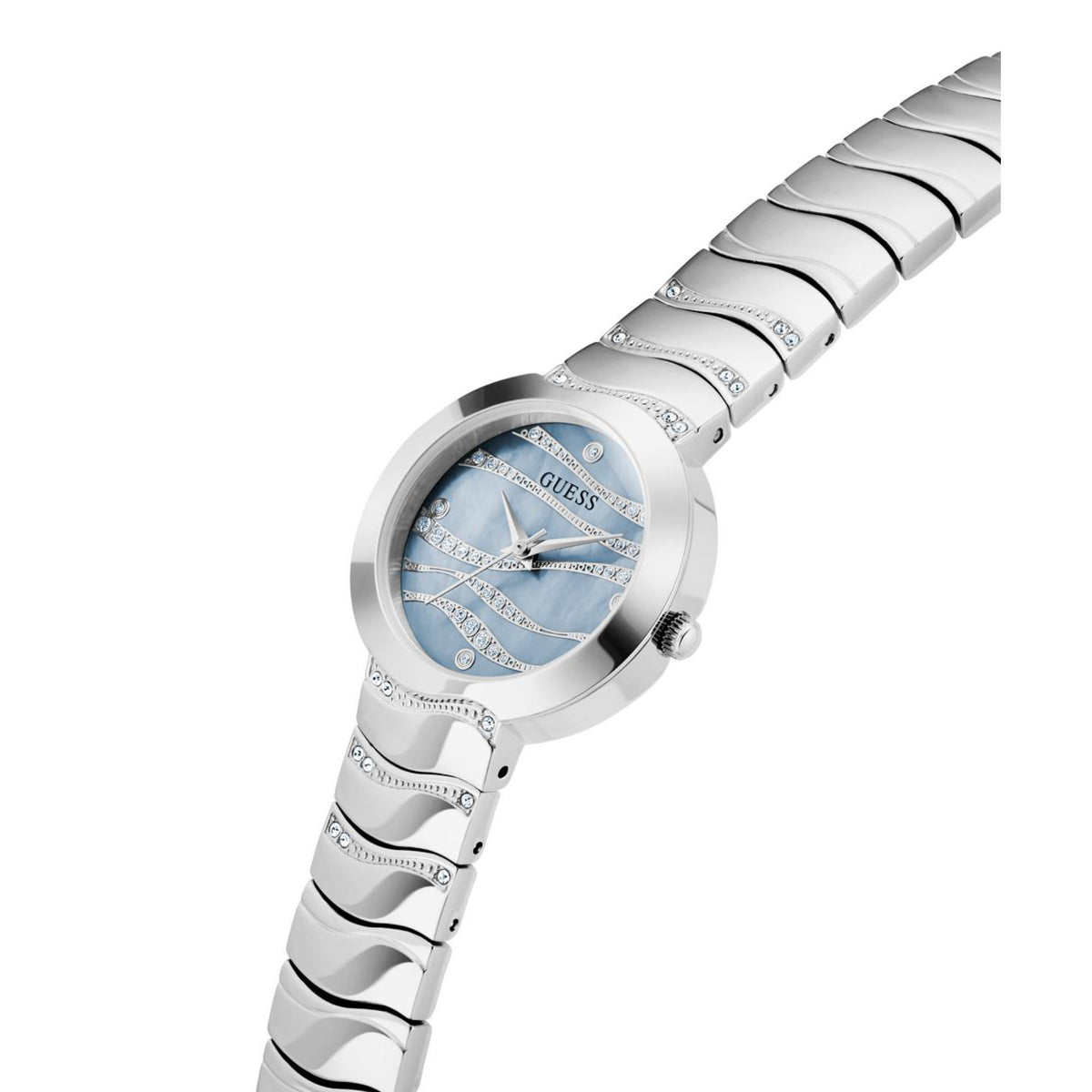 Angled Guess Laguna wristwatch: stainless steel links and blue dial with hour markers.