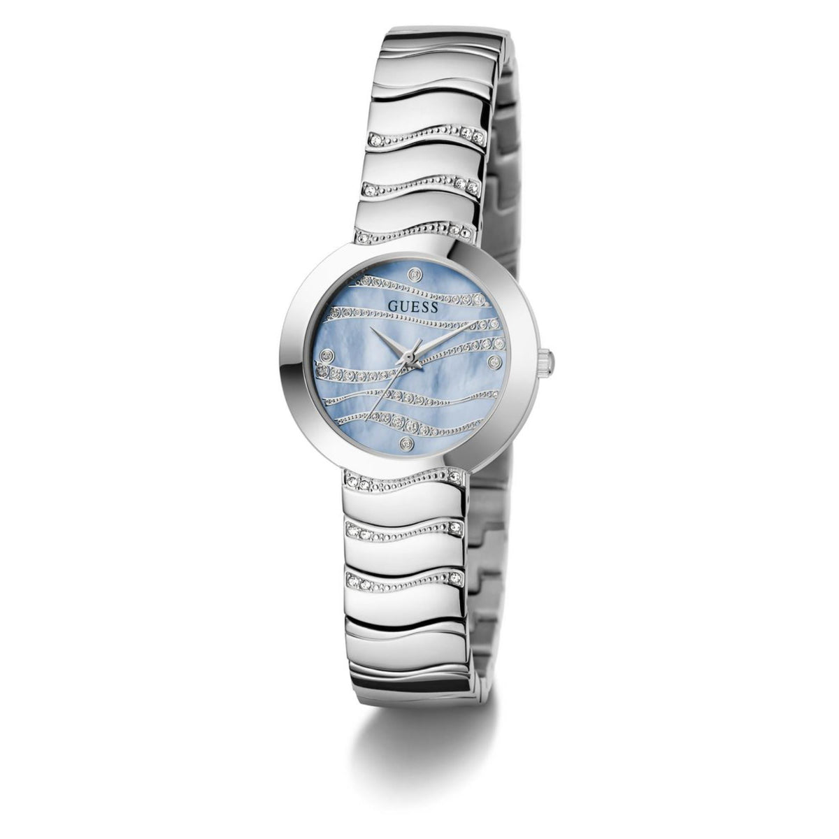 Guess Laguna stainless steel watch with blue sunburst dial and crystal bezel detailing.