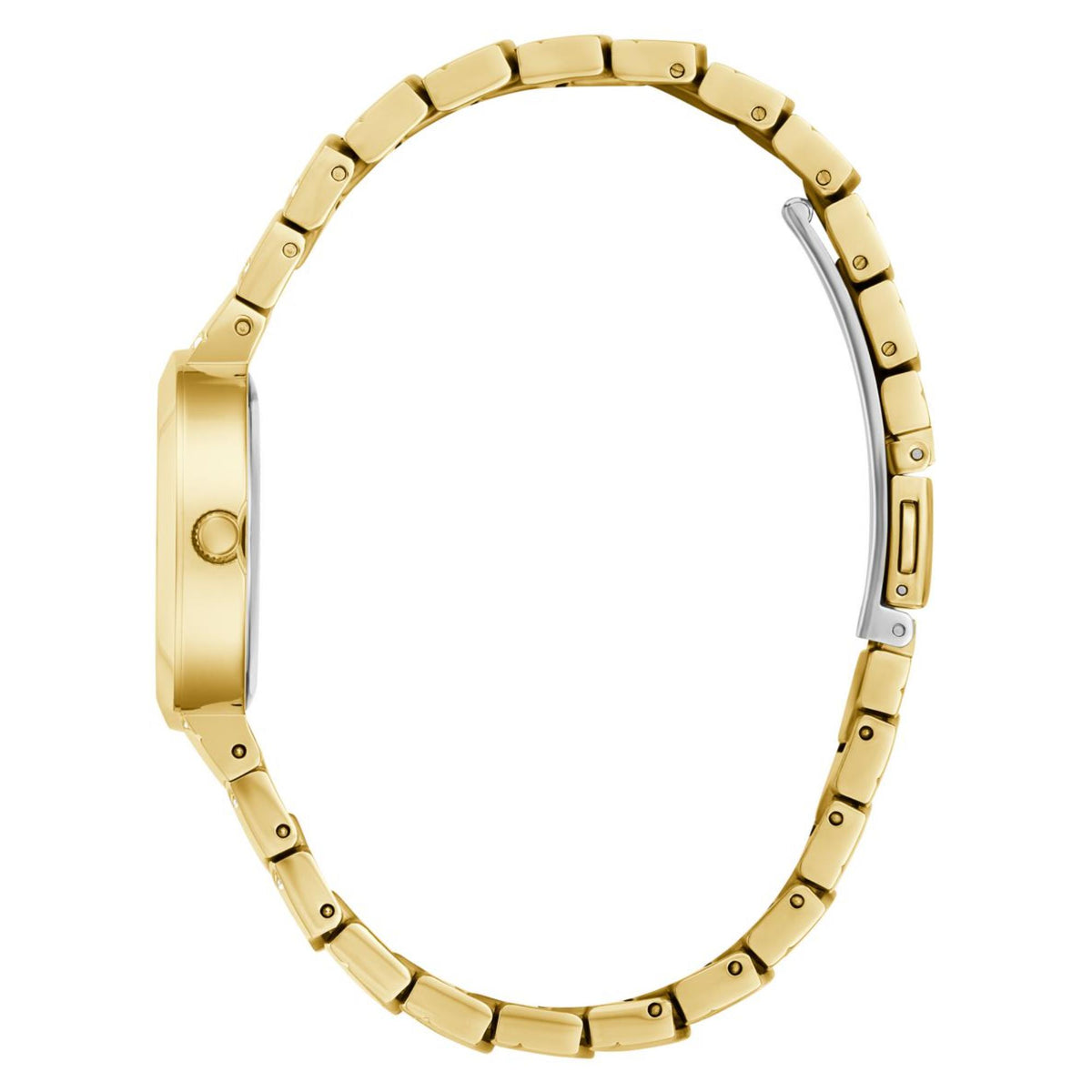 Gold-tone metal bracelet watch with open-link band and clasp connection details